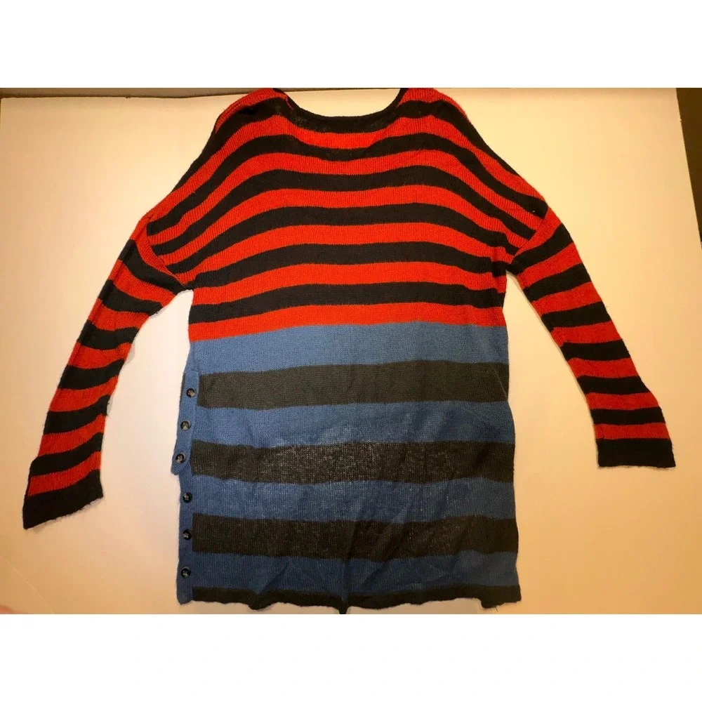Cecico Womens Striped Colorblock Sweater Red Blue Black Side Button High Low L - Picture 5 of 7